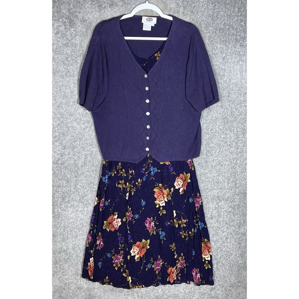 Modern Woman Vintage Crinkle Midi Dress and Cardigan Womens Sz 14 Purple Floral